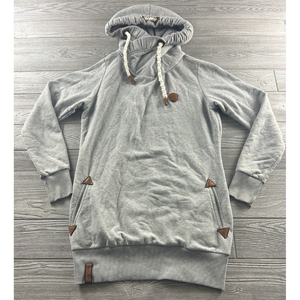 Naketano Gray Cowl Neck Long Pullover Hoodie Dress Drawstring Women Large Boho.